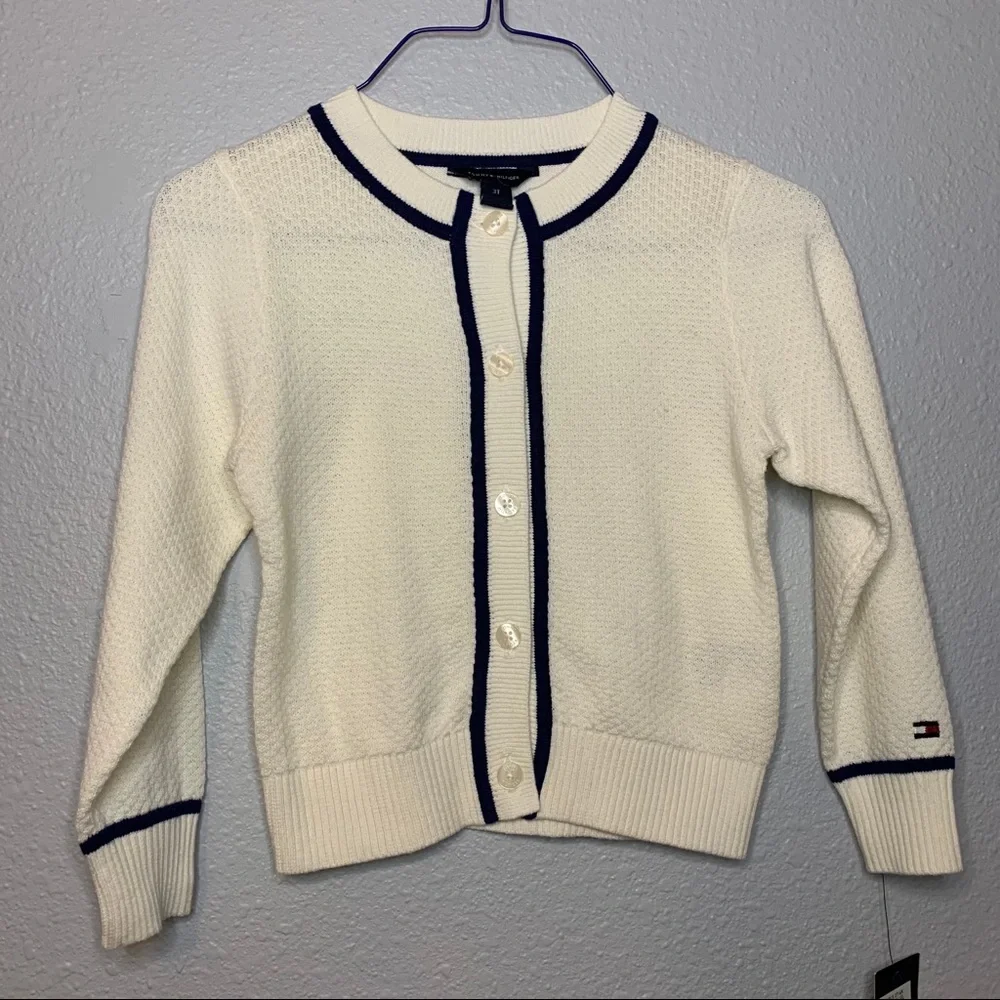 Tommy Hilfiger girls navy cream fine gauge knit cotton cardigan 3T preppy proper